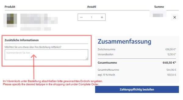 Aufpreis für Sonderendrohrvariante